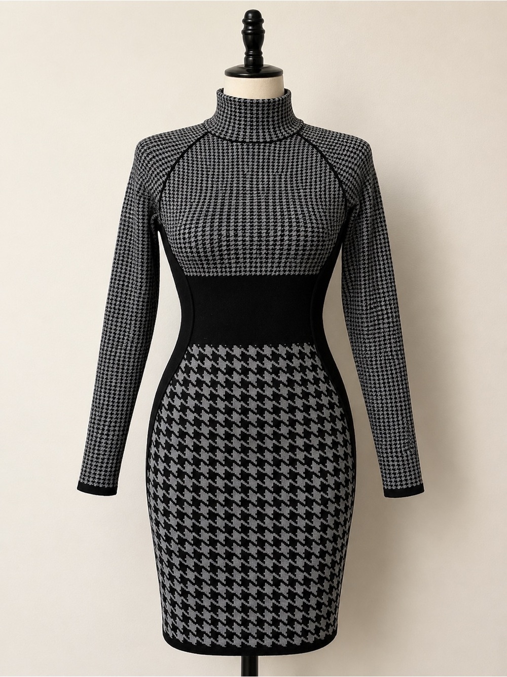Stella McCartney Black and Grey Houndstooth Turtleneck Midi Dress